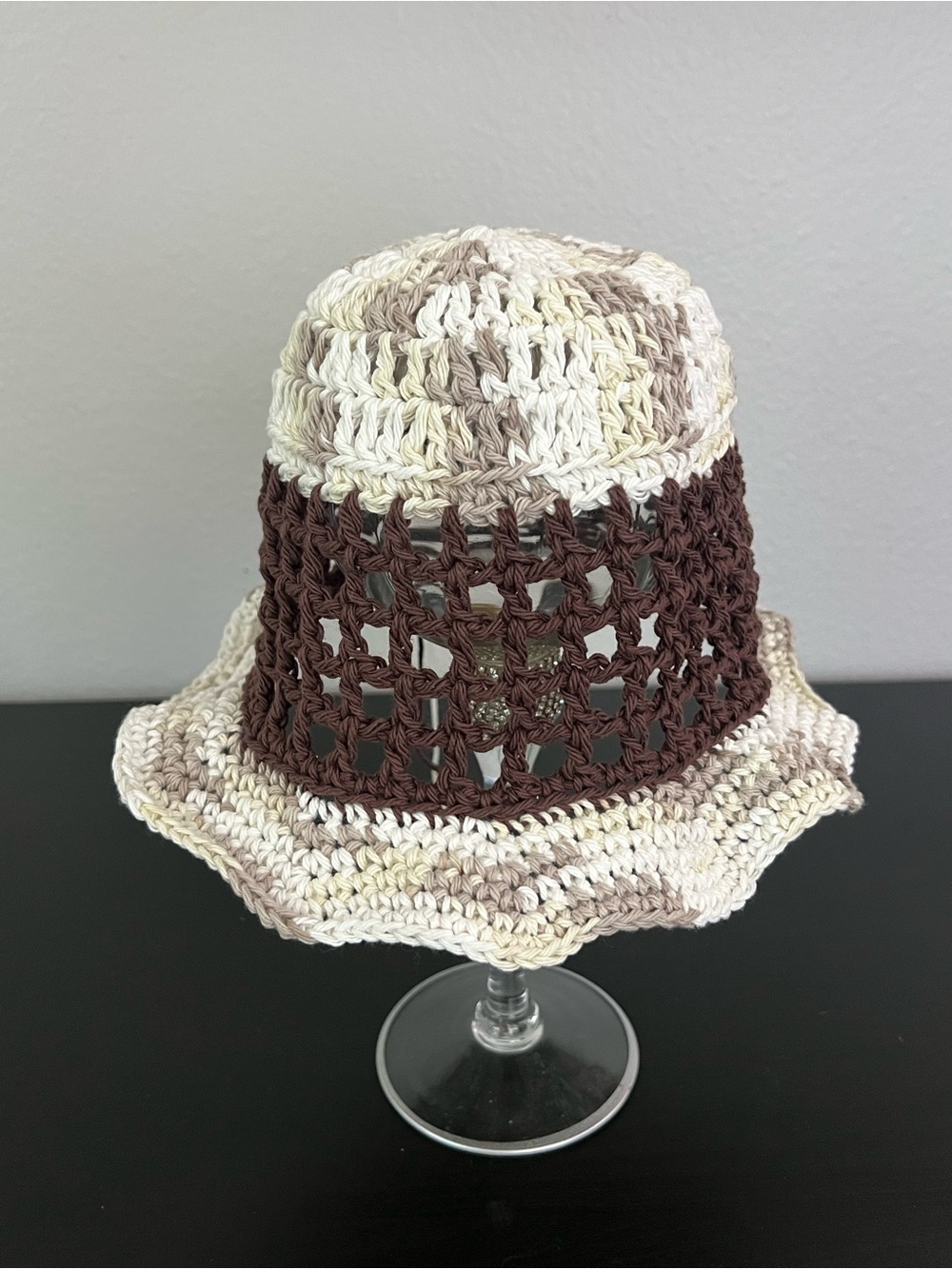Handmade Crochet Bucket Hat in Brown and Cream - Picture 6 of 6